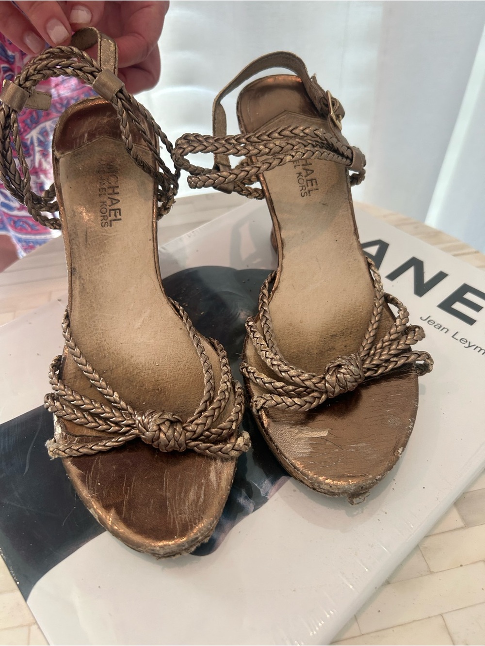 Michael Kors Metallic bronze Braided Strap cork wedge